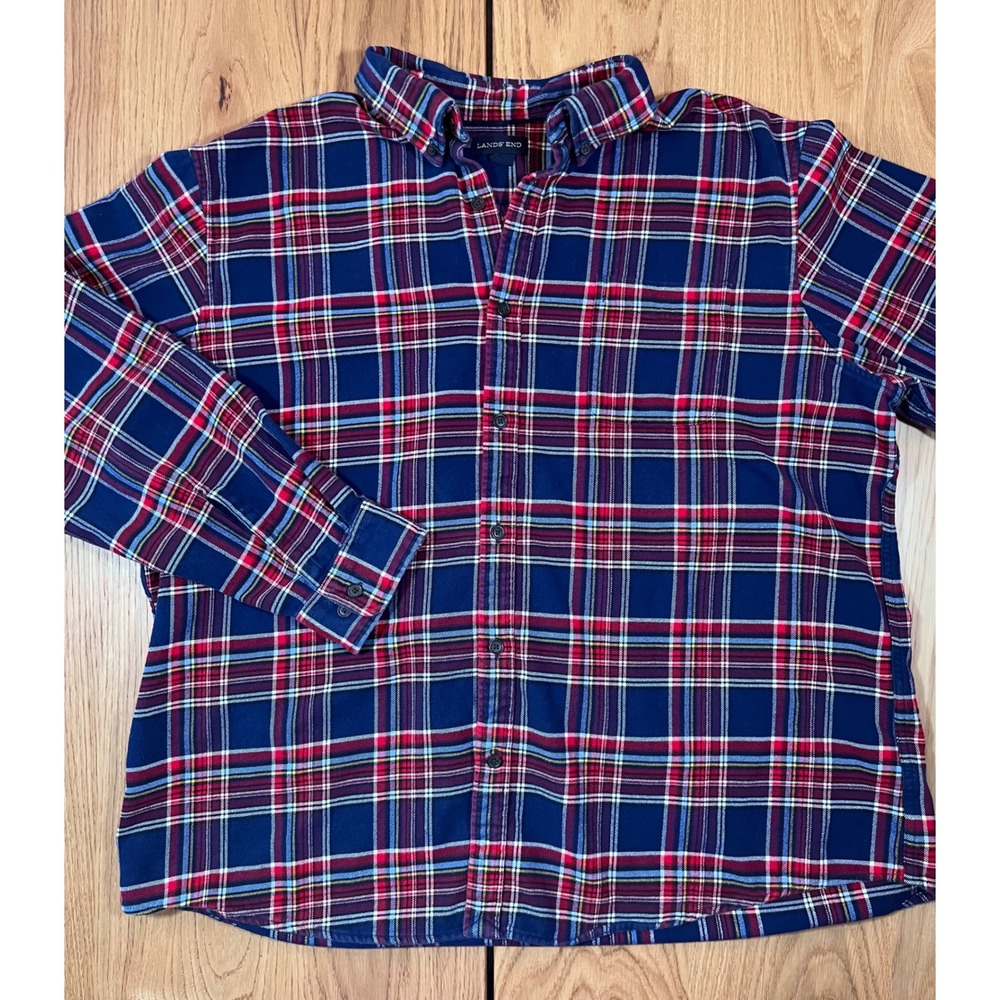 Lands' End Plaid Flannel Shirt Mens XXL Blue Red Traditional Fit Workwear